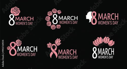 8 March Women’s Day Logo Set with Pink Ribbon and Floral Badges