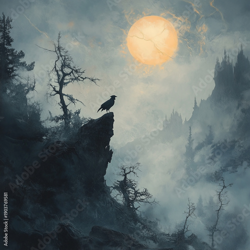 Wallpaper Mural Raven silhouette on misty cliff with full moon and gothic castle in fog Torontodigital.ca