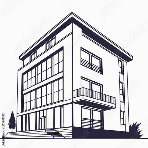 Modern apartment building with large windows and balconies overlooking a street