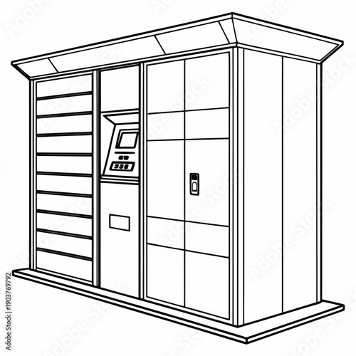 A modern outdoor atm machine with a sleek design and security features.