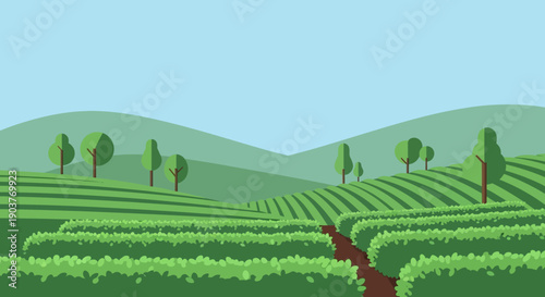 A vibrant green agricultural landscape featuring terraced fields, rolling hills, and scattered trees under a clear blue sky, with a winding path.