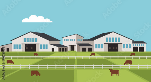 Flat vector illustration depicting a modern farm with multiple buildings, green pastures, white fences, and brown cows grazing under a blue sky.