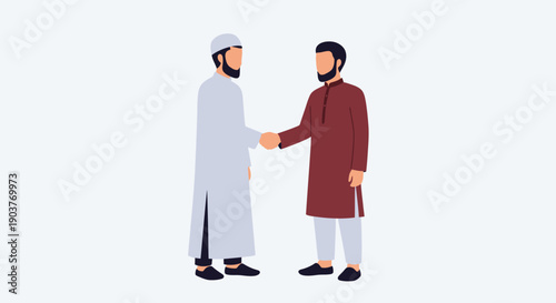 Two bearded men in traditional attire shaking hands, symbolizing agreement and respectful greeting.