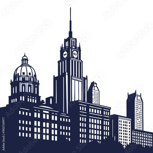 Iconic skyscrapers and historic buildings in a city skyline