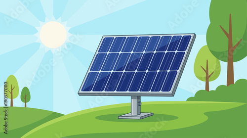 2D flat vector landscape of a green city with renewable energy and sustainable urban living