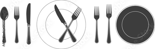 Dining cutlery silhouettes with plate spoon fork knife table setting kitchen utensil icons restaurant food service vector illustration