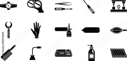 A collection of black and white icons representing various workshop tools, safety equipment, and industrial items