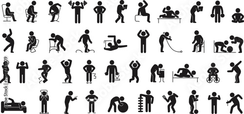 Human activity silhouette collection showing exercise healthcare work lifestyle actions, people icons set isolated vector illustration design elements