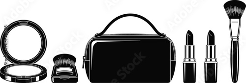 Makeup kit silhouette illustration, cosmetic packaging vector, lipstick brush powder sketch, beauty accessories design, black and white grooming artwork