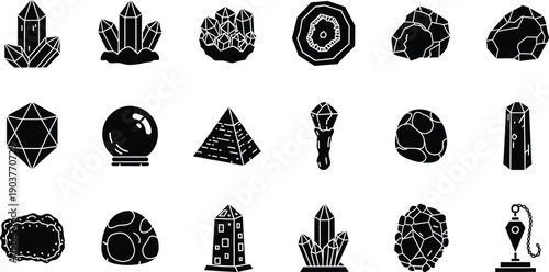A collection of black and white icons depicting various types of crystals, gemstones, and mineral formations.