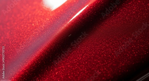 Closeup of a vibrant red car paint finish with sparkling glitter effect showcasing automotive detail.