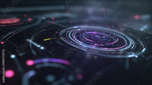 Futuristic HUD Interface: A mesmerizing HUD interface glows with complex network, orbits of digital information with a depth of field.