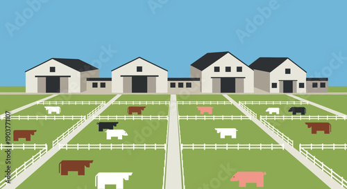 Illustrative view of a vast agricultural farm featuring several barns and numerous cattle grazing in fenced green pastures under a clear sky.