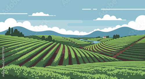 A picturesque landscape illustration of vast green agricultural fields in neat rows across rolling hills, featuring a winding river and distant mountains under a cloudy sky.