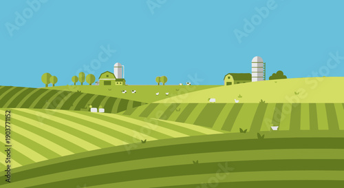 A vibrant vector illustration of a peaceful rural farm landscape with green rolling hills, barns, silos, and grazing sheep under a clear blue sky.