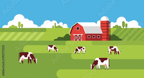 A flat design illustration showing a vibrant red barn and silo on a green farm with several spotted cows grazing peacefully under a clear blue sky.
