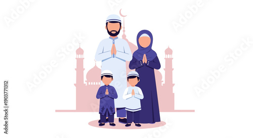 A happy Muslim family, including parents and two sons, stands together in traditional attire, making a respectful greeting gesture with a mosque silhouette in the background.
