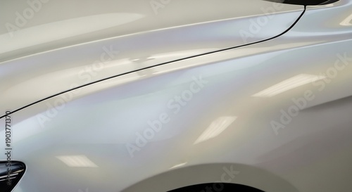 Closeup of a white cars body showcasing sleek design and smooth surface details.