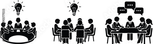 Set of business meeting silhouettes, people sitting at tables, brainstorming ideas with lightbulb, communication speech bubbles, teamwork strategy icons collection, black vector..
