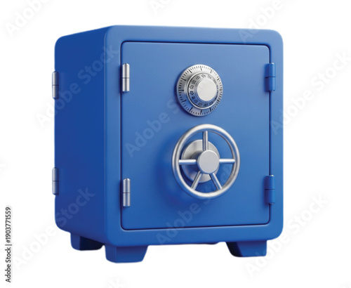 Blue safe with a silver combination lock and wheel handle on the front, giving a secure and robust appearance. The safe stands on four small legs.