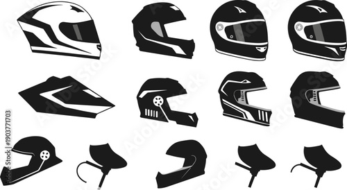 Motorcycle Helmet Silhouette Vector Icon Set with Full Face and Open Headgear Symbols for Racing, Safety, Transport, and Graphic Design Projects.