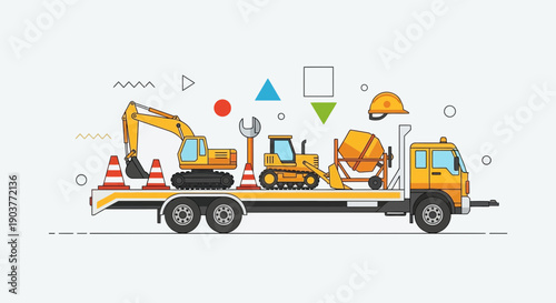 Flat Design Construction Equipment Transported On A Truck