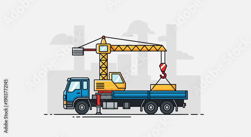 Flat Design Crane Truck Lifting Construction Material With Cityscape Backdrop