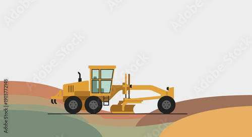 Flat Yellow Motor Grader Working On Undulating Terrain