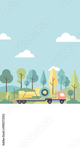 Flat Style Truck Transporting Heavy Machinery Through Scenic Forest Landscape