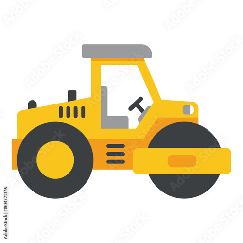 Flat Yellow Steamroller Machine For Road Construction Industry Vector
