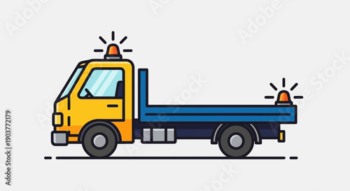 Flatbed Tow Truck With Emergency Lights Bright Yellow And Blue Vehicle Illustration Minimalist Style
