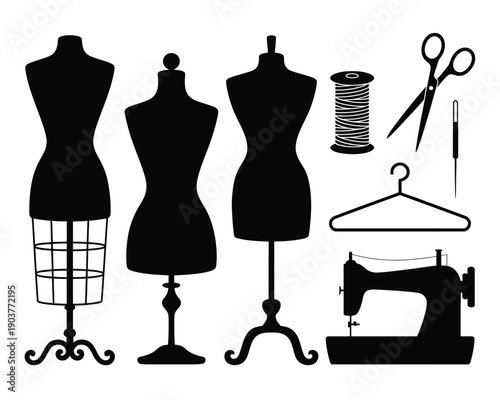Fashion tailoring illustration set, dressmaker mannequins, sewing machine, scissors, thread, and hanger silhouettes representing clothing design craftsmanship and textile industry tools.