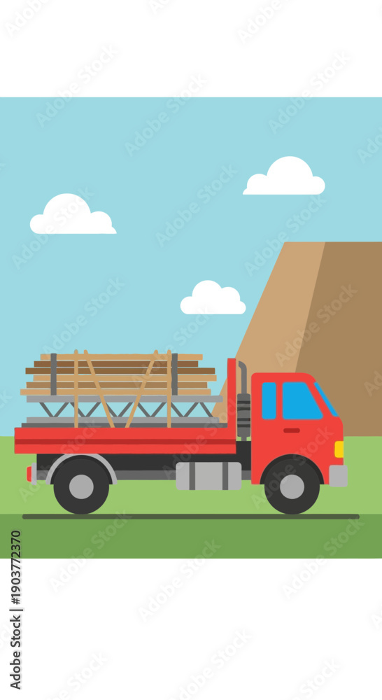 Obraz premium Flat Design Red Truck Transporting Building Materials Outdoors