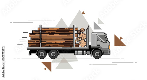 Flat Design Logging Truck Delivering Timber Materials For Industry Use