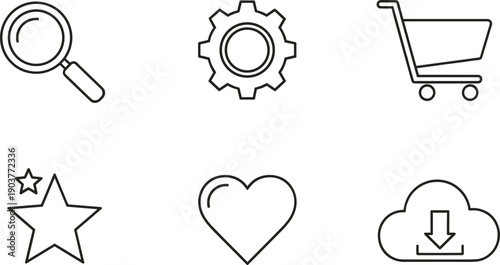 Collection of six icons representing search settings shopping cart rating favorites and cloud download