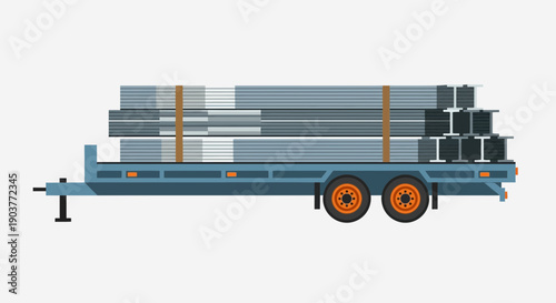 Flatbed Trailer Loaded With Metal Beams And I-Beams For Construction Projects