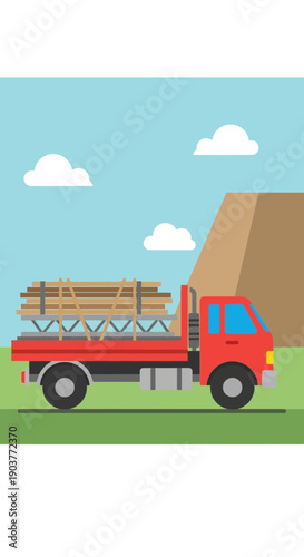 Flat Design Red Truck Transporting Building Materials Outdoors
