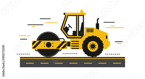 Flat Design Road Roller Machine Compacting Asphalt Surface Construction
