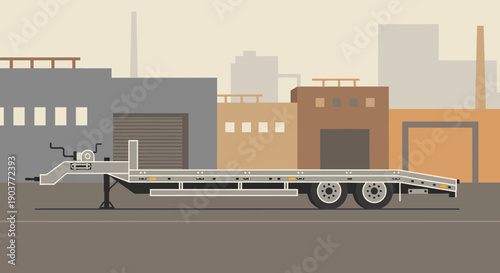 Flatbed Trailer Resting Before Industrial Buildings Scenic View