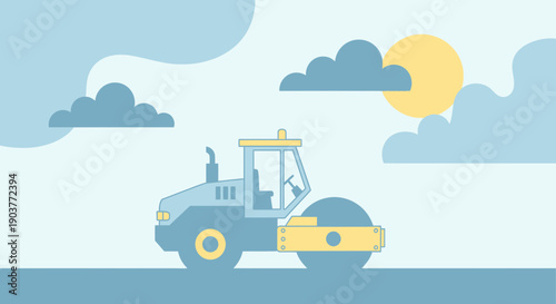 Flat Design Road Roller Compactor Machine Under Sunny Sky with Clouds