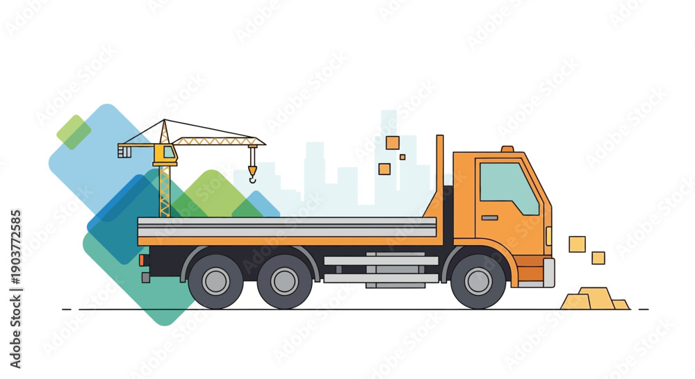 Naklejka premium Flatbed Truck and Tower Crane Illustration for Construction Industry Projects