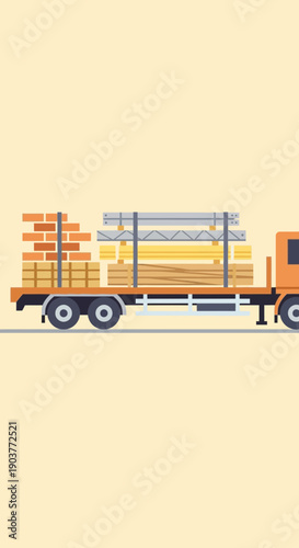 Flat Design Truck Delivering Construction Materials For Building Projects