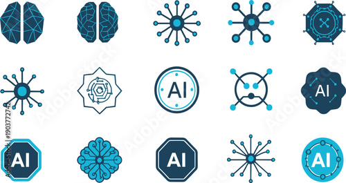 Artificial Intelligence Icon Vector Set with AI Brain, Neural Network, and Technology Symbols for Digital Interfaces, Software Branding, Data Science, and Innovation Designs