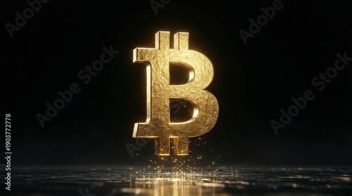 Radiant bitcoin icon illuminated on shiny surface with festive particles