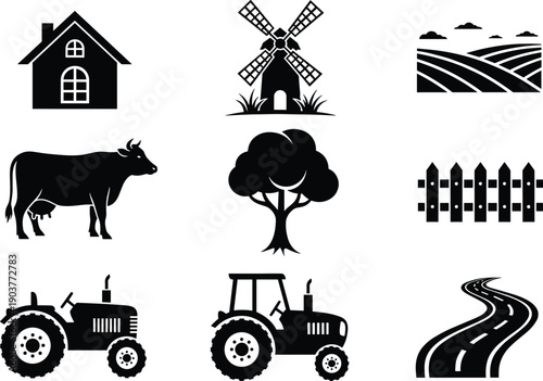 Black agriculture icons set with farm house windmill cow tractor and field symbols for rural landscape gardening organic farming industry vector illustration