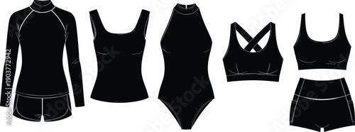 Women swimwear silhouette set, bikini, one piece, rash guard, sports bra and shorts, black vector fashion collection