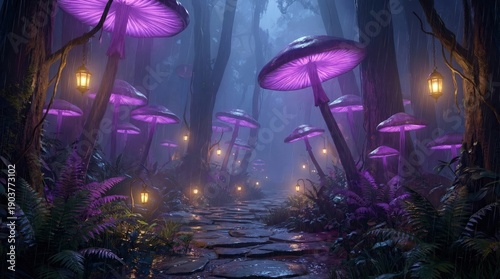 Spectral fungi cast violet light over foggy woodland trail filled with wonder