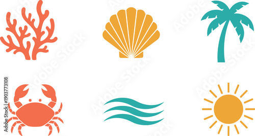 Set of colorful summer beach icons including coral, shell, palm tree, crab, wave and sun, vector illustration isolated on white background, symbol.