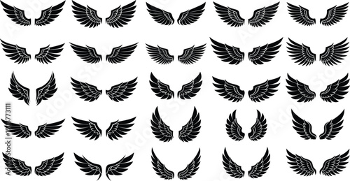 Large Collection of Black Wing Silhouettes with Angelic and Bird Feather Styles for T-shirt Designs, Logos, Tattoos, Heraldry, and Creative Flying Illustrations