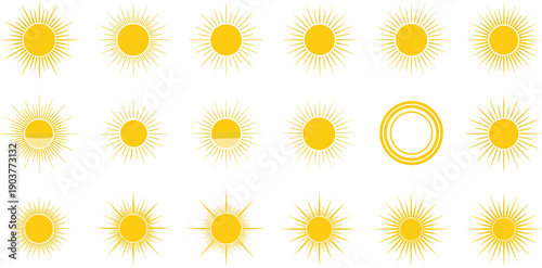 Golden Sun Icon Vector Set with Various Ray Designs for Weather Forecast Apps, Summer Vacation Graphics, Energy Branding, and Celestial Illustrations